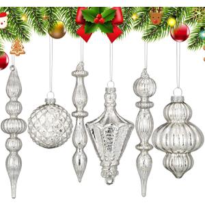 Colingmill Vintage Silver Christmas Mercury Glass Ornament Set 7.87 Inch Glass Finial Ornaments 3.15 Inch Hanging Balls for Christmas Tree Decorations Xmas Holiday Home Decor