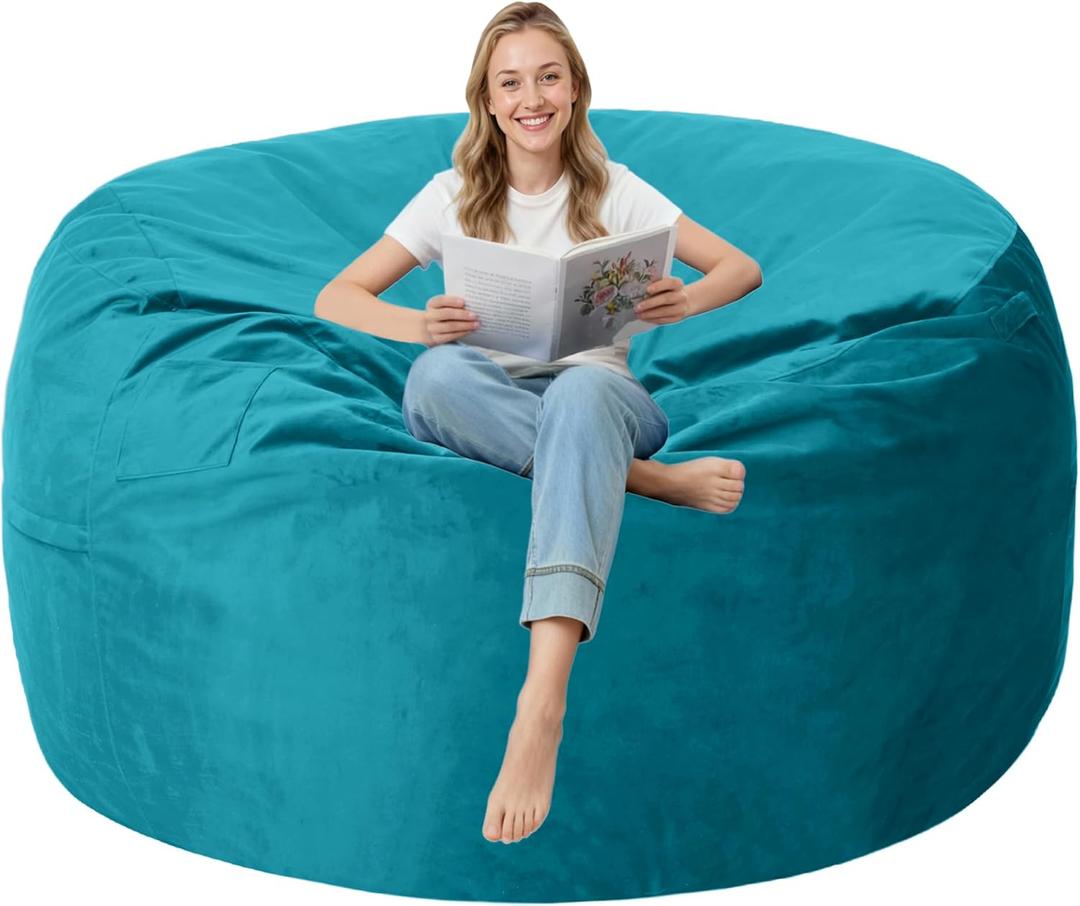 4FT Bean Bag Chair with Ultra Soft Velvet Cover Bean Bag Sofa with Memory Foam Bean Bag Chairs with Large Size Lazy Sofa for Dorm Office Living Room Bedroom Sea Blue 4'