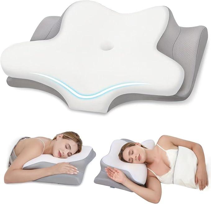 Missleep Cervical Neck Pillow, Memory Foam Pillows for Neck and Shoulder Pain Relief, 2 Heights Ergonomic Pillow with Breathable Ice Silk Cover, Neck Support Pillow for Side Sleepers White