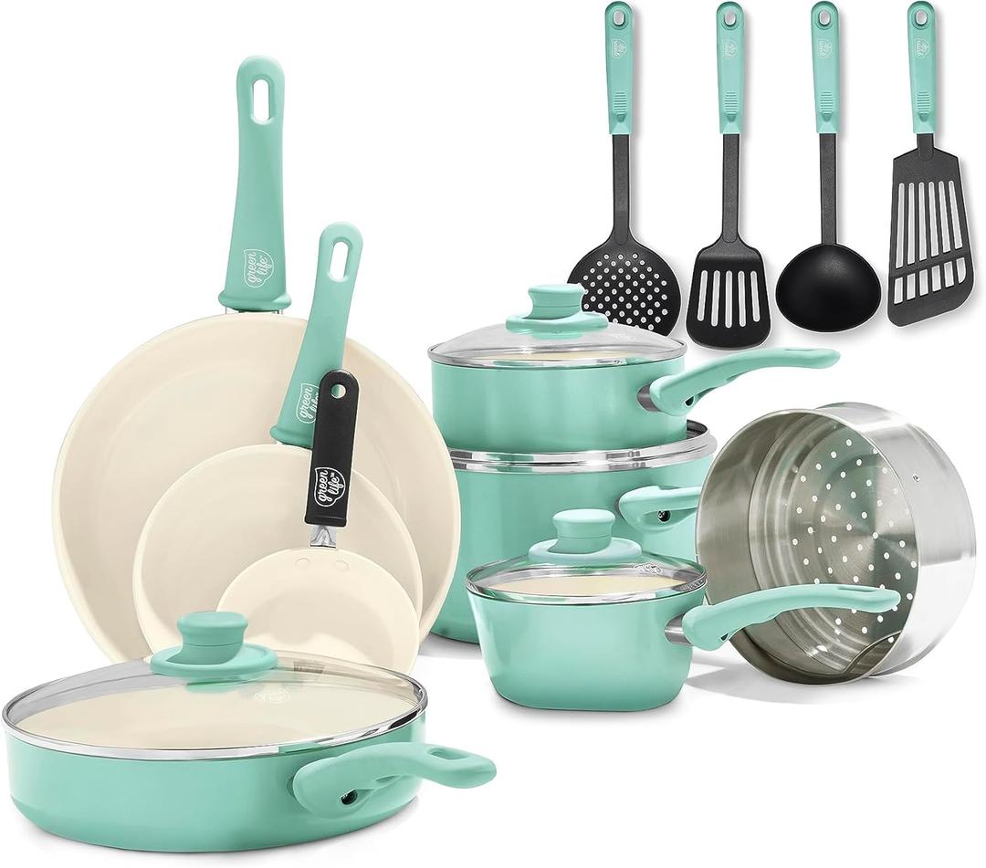GreenLife Soft Grip 16 Piece Cookware Set, Non-Toxic PFAS-Free Ceramic Nonstick, Pots, Frying, Sauce, Saute, Glass Lids, Stay-Cool Handles, Wobble Free Bases, Dishwasher & Oven Safe, Turquoise GreenLife Soft Grip 16 Piece Cookware Set, Non-Toxic PFAS-Free Ceramic Nonstick, Pots, Frying, Sauce, Saute, Glass Lids, Stay-Cool Handles, Wobble Free Bases, Dishwasher & Oven Safe, Turquoise