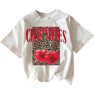 Women's Cherry Bow Graphic Tees Short Sleeve Crew Neck Summer T Shirt Tops for Women Trendy (Large, White and Red)