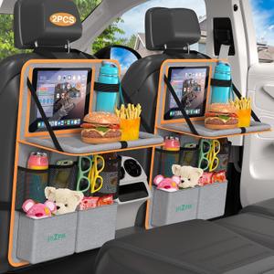 Plzpik Car Backseat Organizer with Tablet Holder,11 Storage Pockets with Foldable Food Tray, Protector Kick Mats for Kids, Travel Accessories Organizer (Orange, 2Pack)