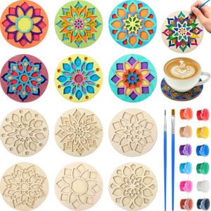 DoubleFill 12 Pcs Wooden Coasters Painting Kit with Paint Art Drink Coaster Gift Craft DIY Kit for Adults, Women, Hobby, Christmas Decoration Home Apartment Decor (Mandala)