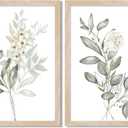 Framed Nature Botanical Wall Art Set of 2, White Floral with Green Eucalyptus Leaves Canvas Prints, Modern Minimalist Flower Painting Picture For Kitchen, Bedroom, Dining Room,Bathroom Decor, 16x20IN