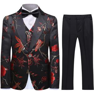 SWOTGdoby Boys Suits 3 Piece Gold Paisley Floral Suit Set Slim Fit Tuxedo Embroidery Suit Blazer Vest Pants, Size 120