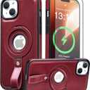 for iPhone 14 /iPhone 13 Leather Case with Stand, Anti-Slip Grip Ring, Fits for MagSafe (Burgundy, IP14/13-6.1inch)