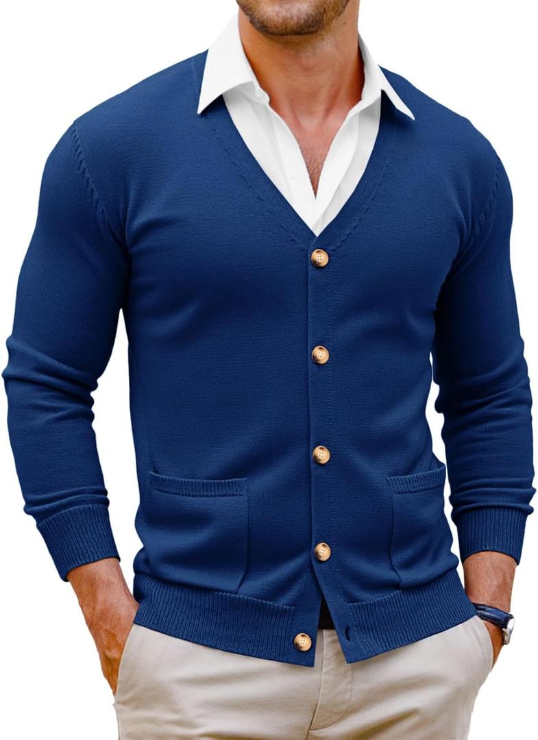 Runcati Mens Cardigan Sweater V Neck Button Down Sweaters Long Sleeve Lightweight Fall Knit Outwear with Pockets (S)