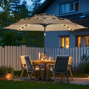 wikiwiki 9FT 3Tiers Solar Led Patio Umbrella, Sturdy Outdoor Market Umbrella for Deck, Pool, Garden w/Tilt, Crank, 32 LED Lights, Tan