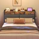 YATINEY Queen Size Headboard Only with Storage and Non-Woven Fabric Drawers, Head Board Queen Size with Charging Station, Height Adjustable, for Bedroom, Rustic Brown and Black