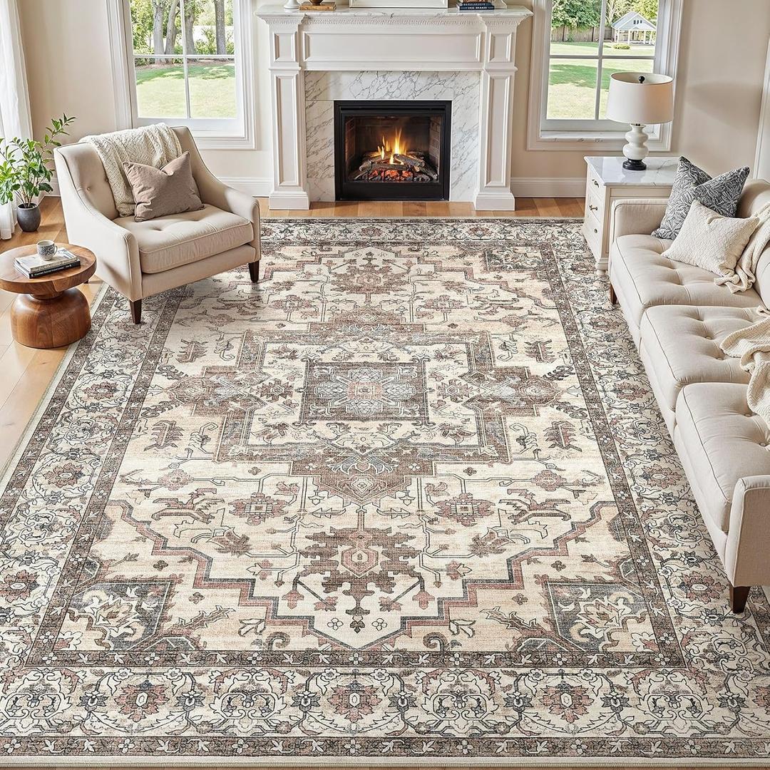 10x12 Area Rugs Living Room: Washable Vintage Rug Large Non-Slip Stain Resistant Ultra Soft Low Pile Pet Kids Friendly Carpets for Bedroom Dining Room Nursery Home Office Decor - Light Brown