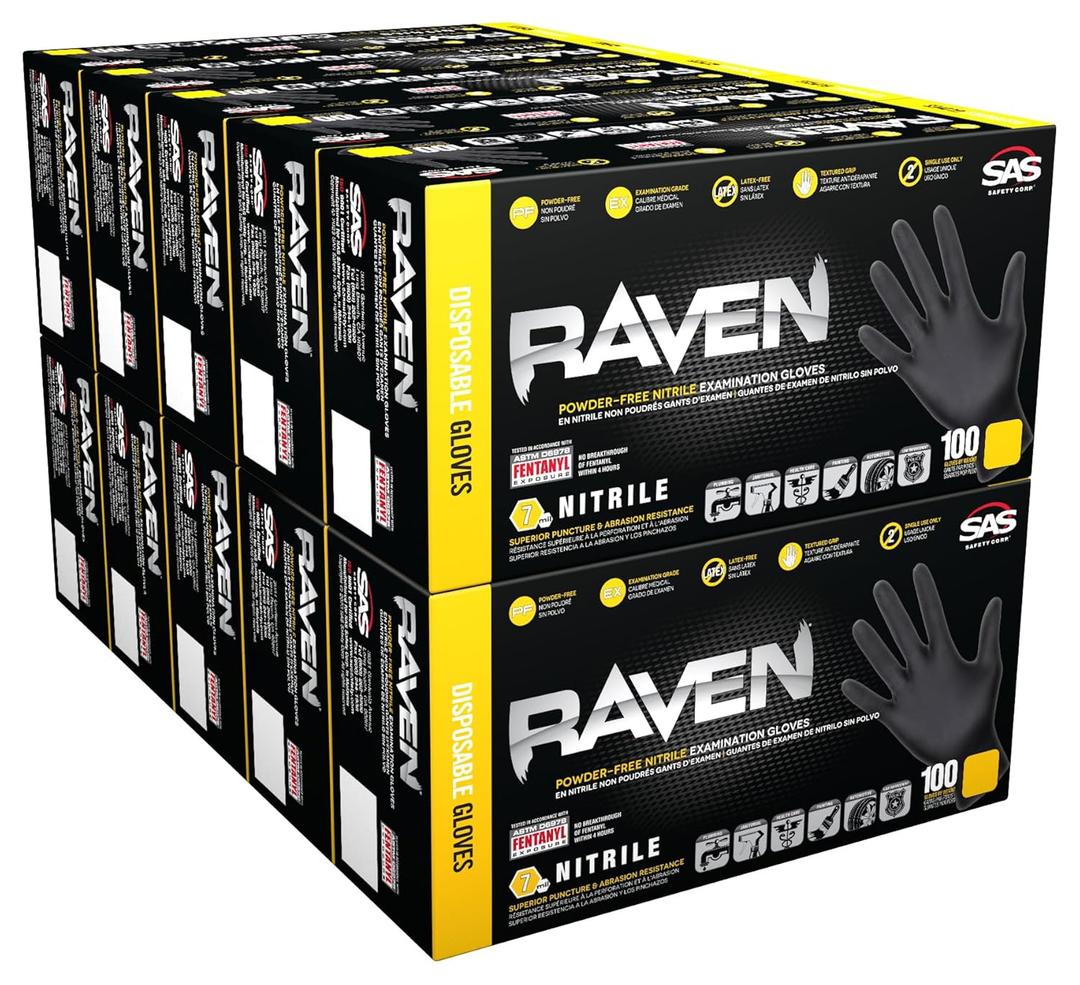 10 Pack SAS Safety 66519 Raven 6 mil Black Nitrile Disposable Gloves - X-Large (100 Gloves per Box) 10 Pack SAS Safety 66519 Raven 6 mil Black Nitrile Disposable Gloves - X-Large (100 Gloves per Box)