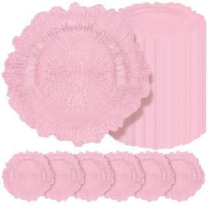 Teruntrue 50 Pcs Pink Charger Plates Bulk 13 Inch Plastic Charger Plates for Dinner Plate, Pink Chargers for Table Setting, Reef Design Plate Floral Decorative Round Chargers for Wedding Party Event