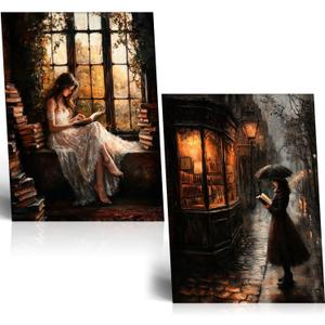 NCYEL 2Pcs Dark Academy Canvas Wall Art Painting Book Reading Print Vintage Style Drawing Gothic Poster Girl Street Scene Picture Library Study Bedroom Decor Literature Gallery 16x24 Inch Unframed (16"Wx24"H2)