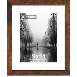 iRahmen 9x11 Picture Frame with HD Tempered Glass, Display Pictures 7x9 with Mat or 9 x 11 Without Mat, Wood Photo Frames for Tabletop and Wall Mount (Dark Brown, 1 Pack)
