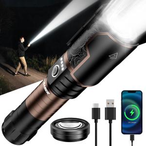 Flashlight High Lumens with Ignition Lens, Rechargeable Super Bright Zoomable LED Flash Light, 6 Mode Waterproof Handheld Powerful Tactical Flashlights for Camping Essentials Emergency