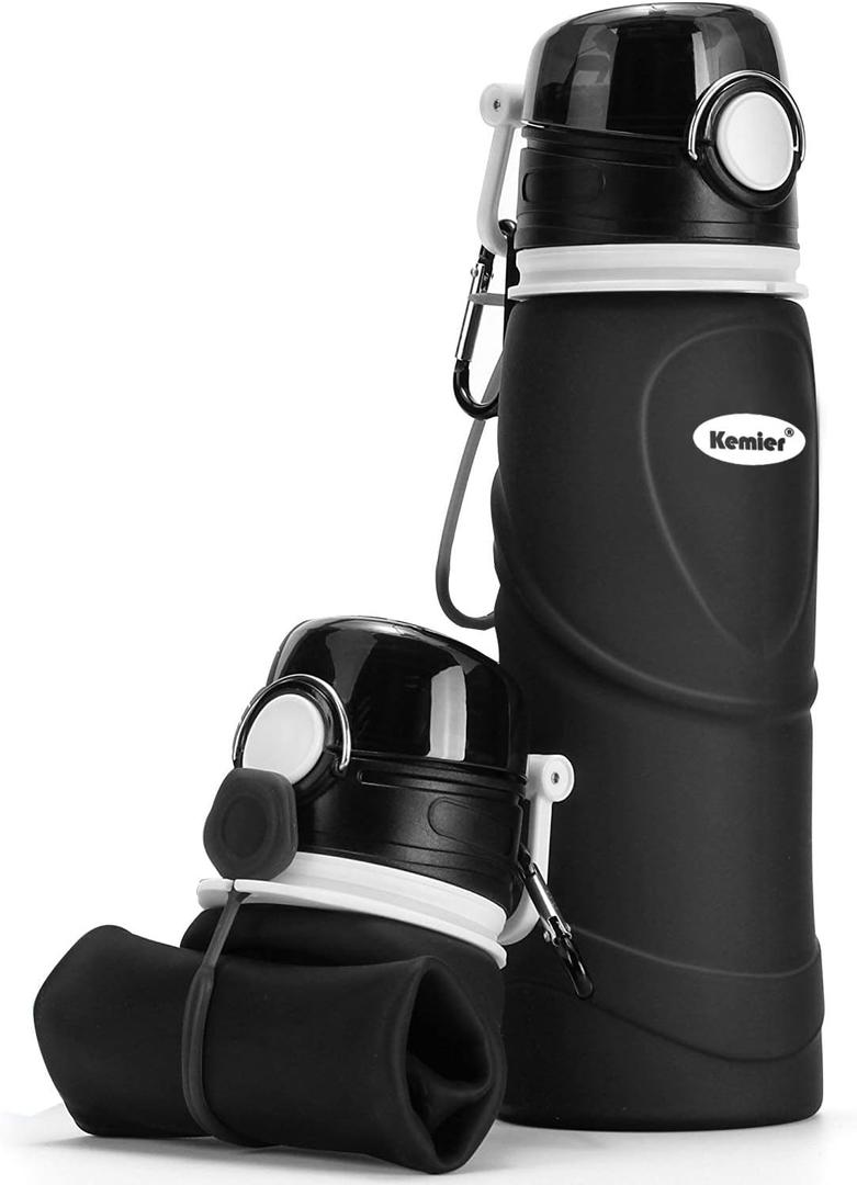 Kemier Collapsible Silicone Water Bottles-750ML,Medical Grade,BPA Free Travel Water Bottle Can Roll Up,26oz,Leak Proof Foldable Sports & Outdoor Water Bottles (Black)