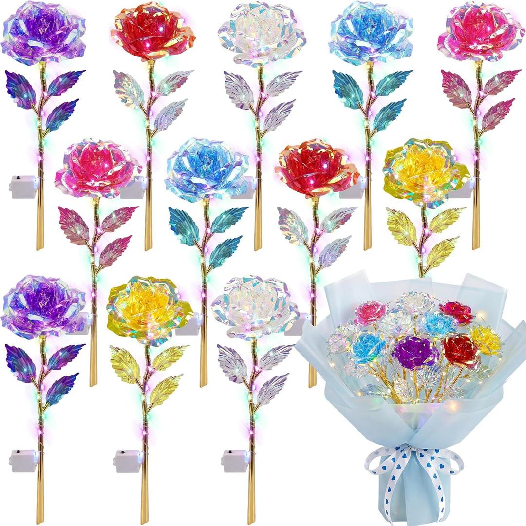 Lyrow 12 Pcs Galaxy Rose LED Light up Rose Flower Gifts Crystal Artificial Rainbow Flower for Mom Her Lover Girlfriend Mother's Day Wedding Birthday Gift, 9.84 Inches (Multicolor)