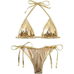 Women's Liquid Metallic Rainbow Bikini Sets Shiny String Padded Triangle 2 Pieces Swimsuit Set, M