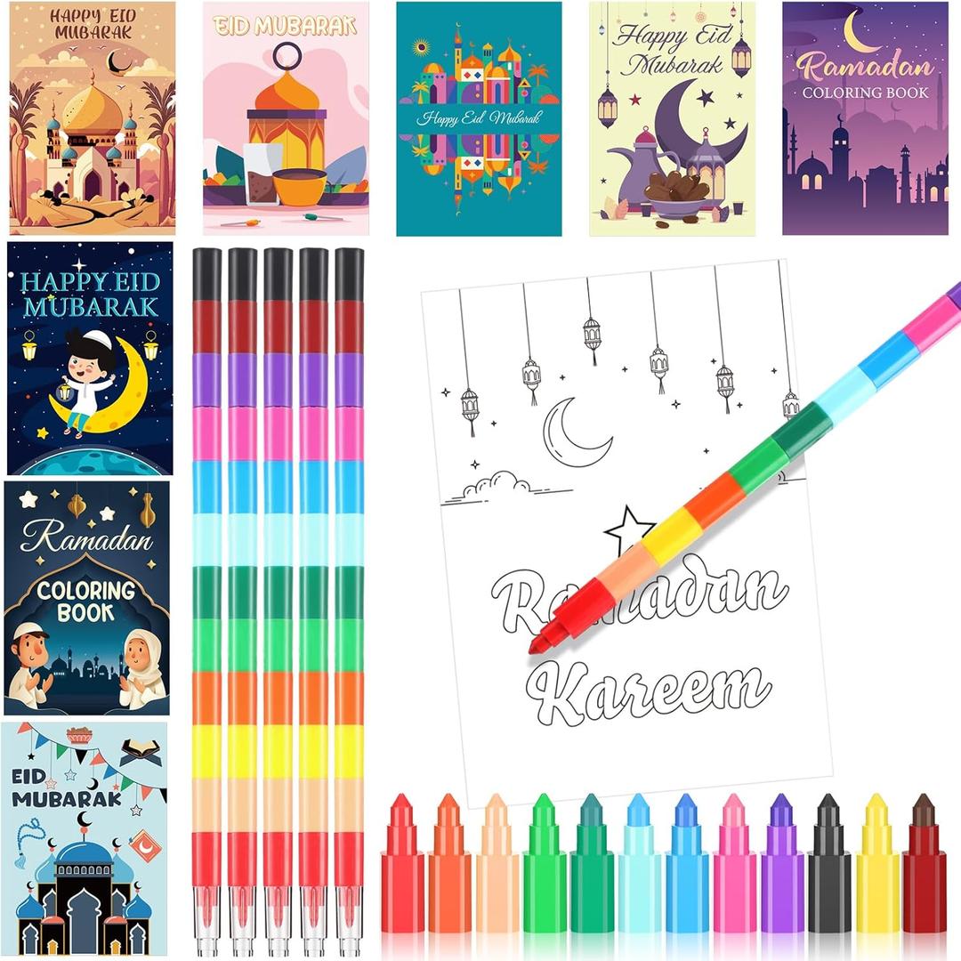 Zhanmai 48 Pcs Ramadan Coloring Book Bulk Eid Mubarak Party Favors Set with Stacking Crayons Ramadan Star Moon Holiday Activity Book Goodie Bags Fillers for Activities Party Favors Supplies Gifts