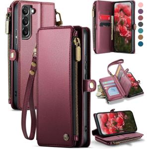 Defencase Compatible with Samsung Galaxy S22 5G Case Wallet with RFID Blocking Card Holder for Women Men, PU Leather Magnetic Snap Flip Zipper Strap Wallet Phone Case Fit for Galaxy S22 6.1", Wine Red