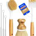 Holikme 6 Pack Dish Brush Kitchen Brushes Set with Bottle Brush, Dish Brush, Palm Scrub Brush and Straw Brush, Fruit Vegetable Cleaning Brushes, Long Handle for Skillet Wok Pot Pan Cast Iron, Yellow