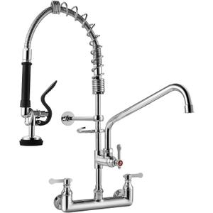 Commercial Kitchen Faucet with Pre-Rinse Sprayer 8 Inch Center Wall Mount Kitchen Sink Faucet with Pull Down Spray - 25" Height Compartment Sink Faucets with 12 Inches Add-On Spout