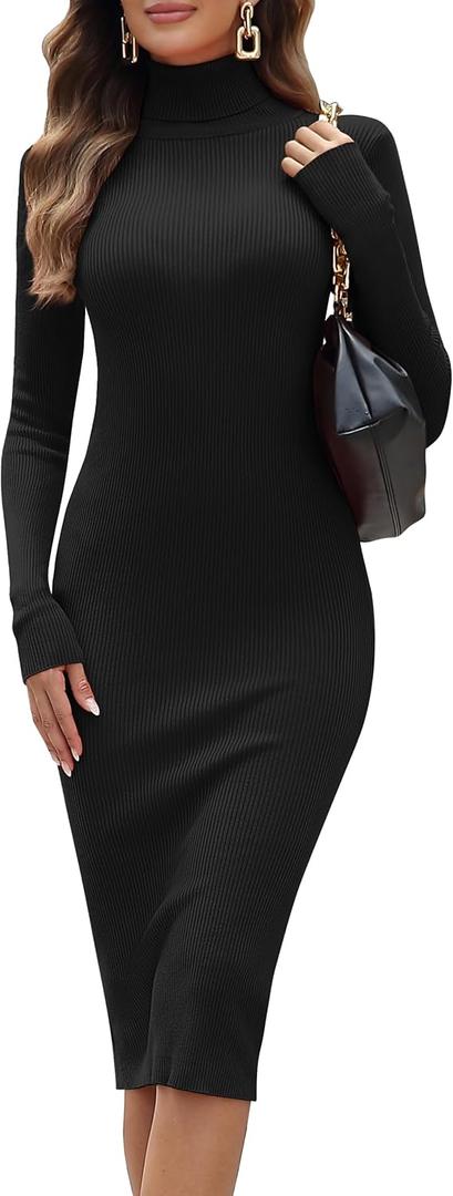ninovino Women's Turtleneck Ribbed Knit Long Sleeve Slim Fit Sweater Dress (X-Large, Black-141)