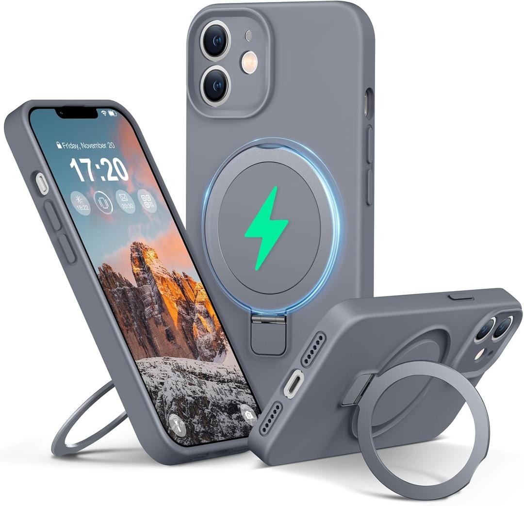 Liquid Silicone Case for iPhone 12 with Magnetic Ring Stand, Upgraded Camera Lens Protection, Mil-Grade Drop Shockproof, Soft Anti-Scratch Microfiber Lining Silicone Case (Gray)