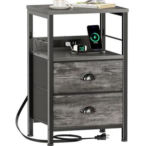 Furologee Nightstand with Charging Station, Night Stand with 2 Fabric Drawers, Side Table with USB Ports, End Table with Storage Shelf, for Living Room/Bedroom, Grey