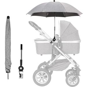 Baby Stroller Parasol, Universal Umbrella with Clamp, 360 Degree Adjustable UV Protection Stroller Sun Shade, Waterproof Umbrella for Trolley, Bike, Wheelchair, Beach Chair (Gray)