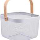 AJIODA Metal Mesh Wire Basket, Small Steel Basket with Wooden Handle Storage Organizer Basket Multi-functional Hanging Kitchen Baskets Fruit Baskets for Kitchen Bathroom Cabinet Pantry Snacks, White