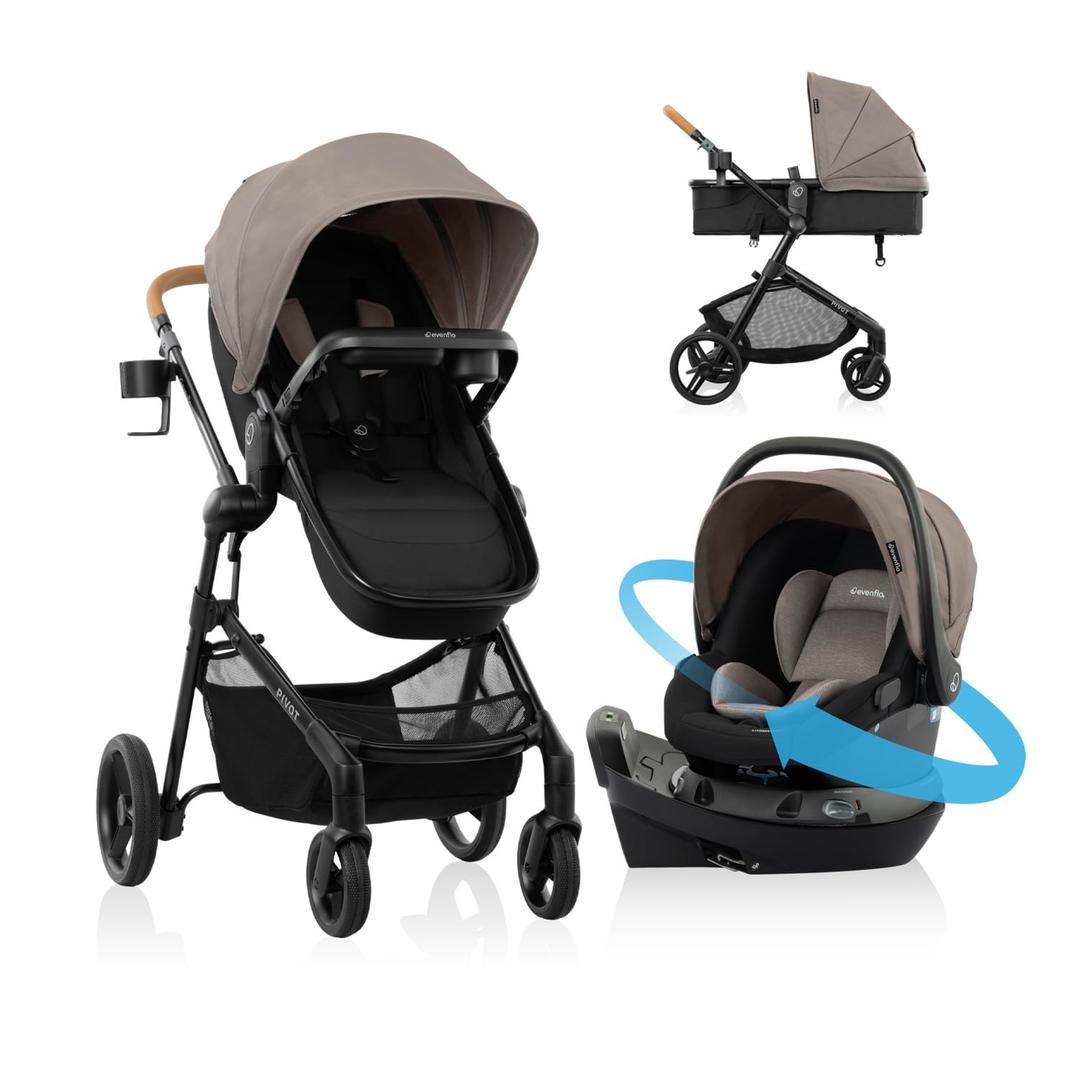 Evenflo Pivot NXT Travel System w/ Revolve180 LiteMax NXT Infant Car Seat | 6 Modes of Use, Rotating Rear-Facing Lightweight Preemie and Infant Car Seat 3-30 lbs (Driftwood Brown), Manuf Date 12/05/25