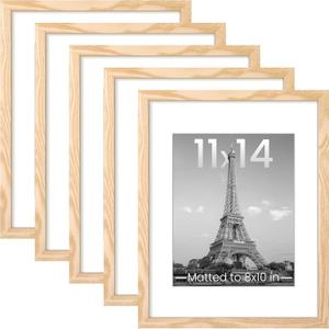 upsimples 11x14 Picture Frame Set of 5, Display Pictures 8x10 with Mat or 11x14 Without Mat, Wall Gallery Photo Frames, Natural