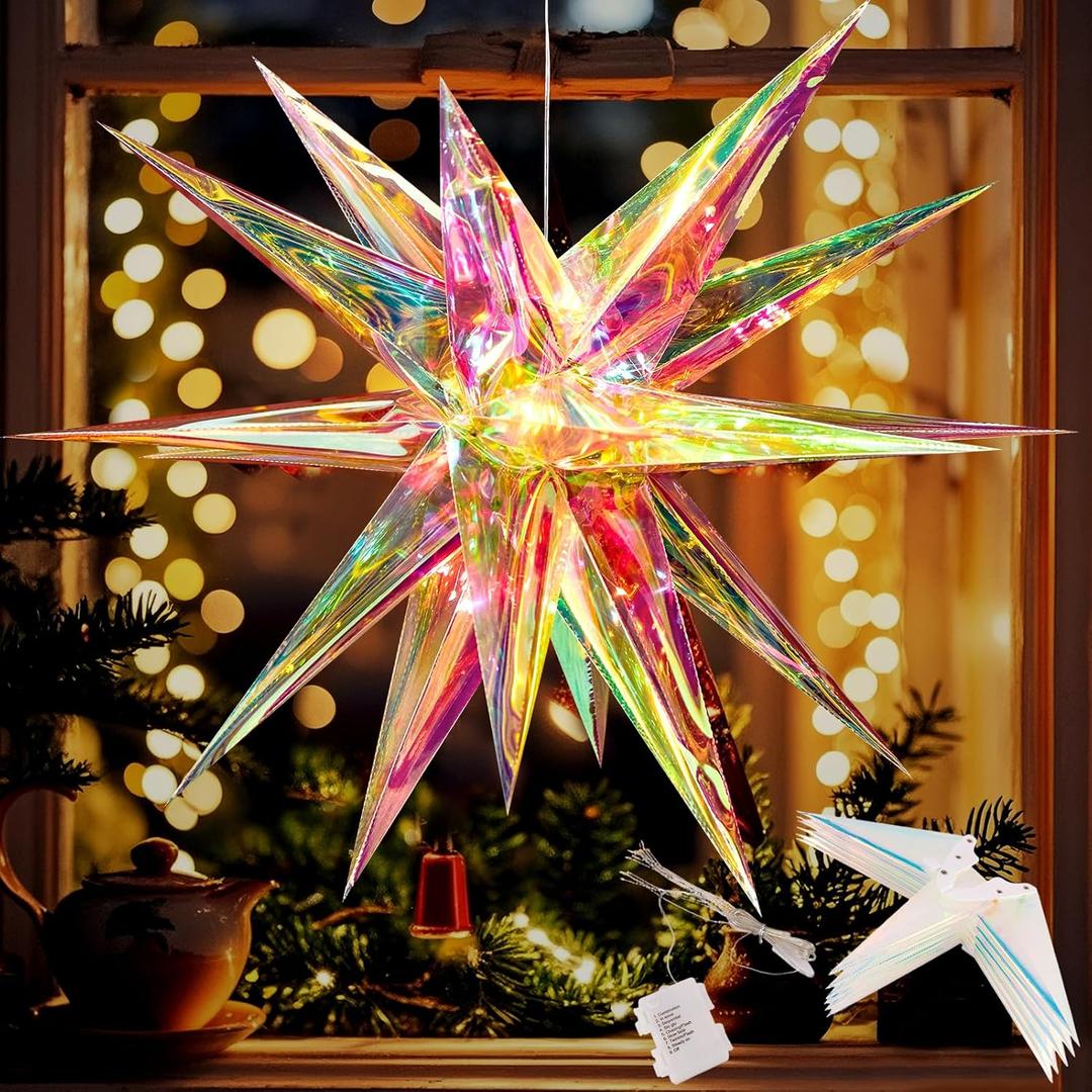 24'' Large Moravian Star Outdoor Light Hanging Christmas Tree Topper with LED Light 3D Iridescent Christmas Moravian Star for Christmas Holiday Home Porch Xmas Indoor/Outdoor Decor