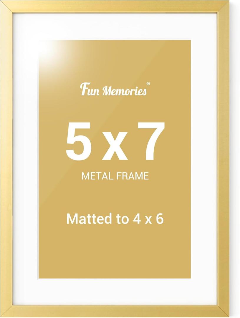 Fun Memories 5x7 Picture Frame - 5x7 Gold Metal Photo Frames with 4x6 Removable Mat- Ideal for Wall or Tabletop Display - Wall Hook Hanging Hardware Included (Gold - 1P)