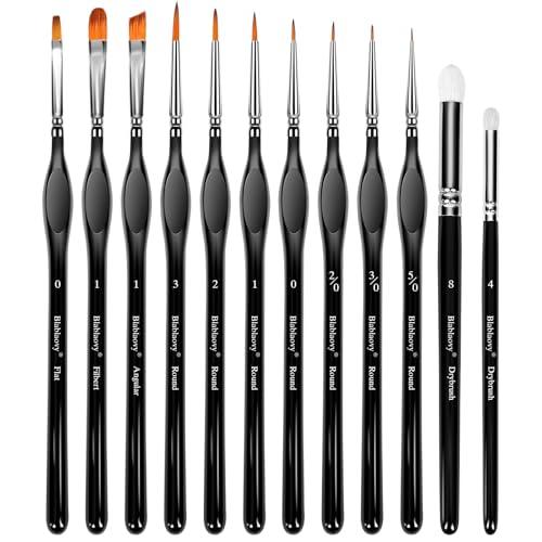 Blablaovy 12pcs Miniature Paint Brushes Drybrush Set, Detail Paint Brushes for Acrylics, Watercolor, Figurines Model, Face Painting, Piant by Number Kit for Adults - Triangular Handles (Black), Pack of 2