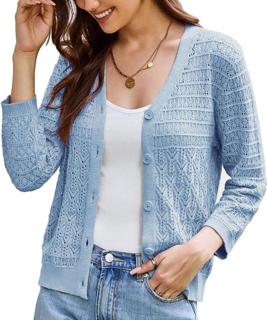 GRACE KARIN 2025 Women's 3/4 Sleeve Crochet Knit Button Down Cardigan Cropped Shrug Bolero Lightweight Sweaters Tops (X-Large)