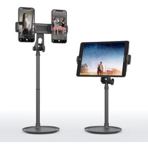 Double Phone Stand of Desk,Tablet Holder of Table,Adjustable Height,Black, Stable Base,Support Phones and Tablets up to 10.9 inches.Suitable for Video conferencing,Live Broadcast, Watch Movie