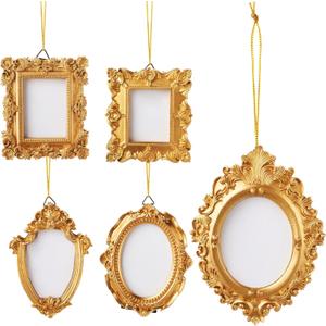5 Pcs Mini Gold Photo Frames with Hook and Rope Resin Small Vintage Picture Frame Baroque Wall Hanging Picture Display Decoration for DIY Refrigerator Christmas Tree Home Ornaments, 5 Style