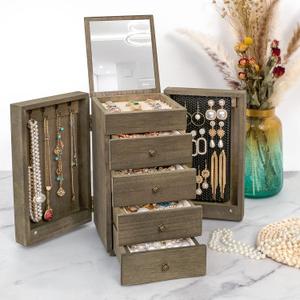 Meangood Jewelry Box Wood for Women, 5-Layer Large Organizer Box with Mirror & 4 Drawers for Rings, Earrings, Necklaces, Vintage Style, Weathered Grey