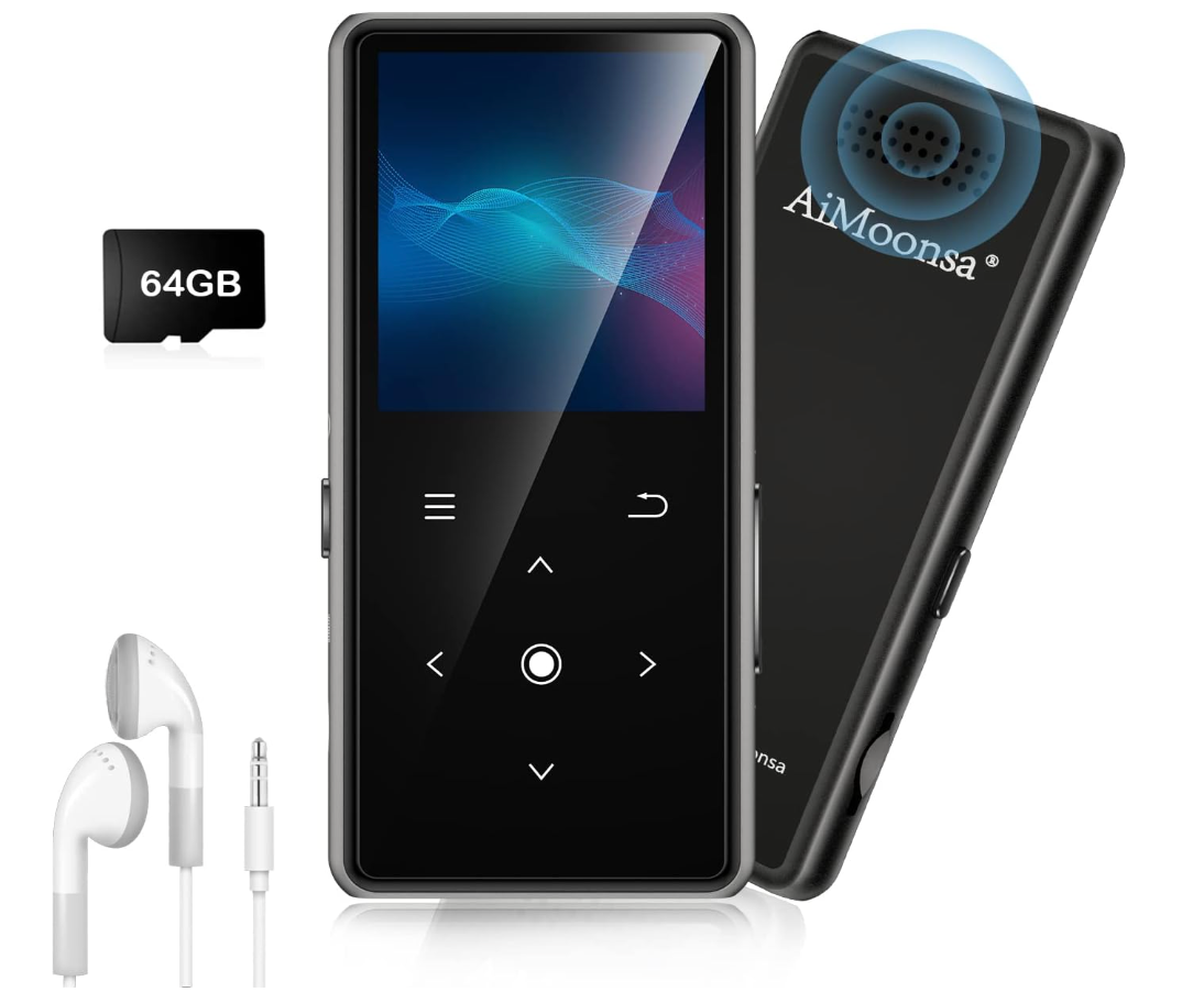 64GB MP3 Player with Bluetooth 5.2, AiMoonsa Music Player with Built-in HD Speaker, FM Radio, Voice Recorder, HiFi Sound, E-Book Function, Earphones Included