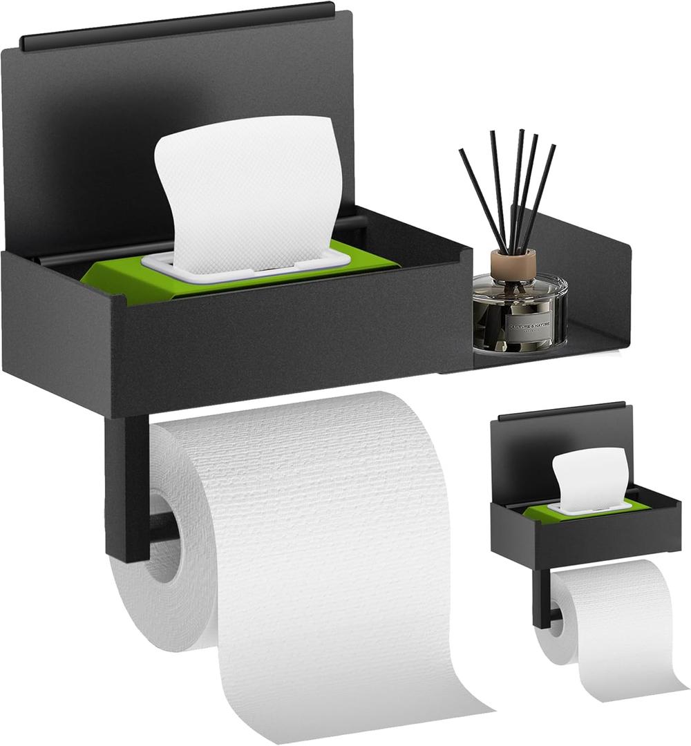 Toilet Paper Holder with Shelf, FUNLEU Self Adhesive Toilet Paper Holder with Storage, Wipe Holder for Bathroom Flushable Wipes Dispenser - Stainless Steel Toilet Holder Wall Mount, Matte Black