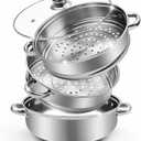 AuFranc 5 Quart Steamer for Cooking - Stainless Steel Steam Pot with Steamer Basket, Multipurpose Cooking Stock Pot with Tempered Glass Lid, Non-Toxic Cookware for Slow Cooking and Steaming (Silver)
