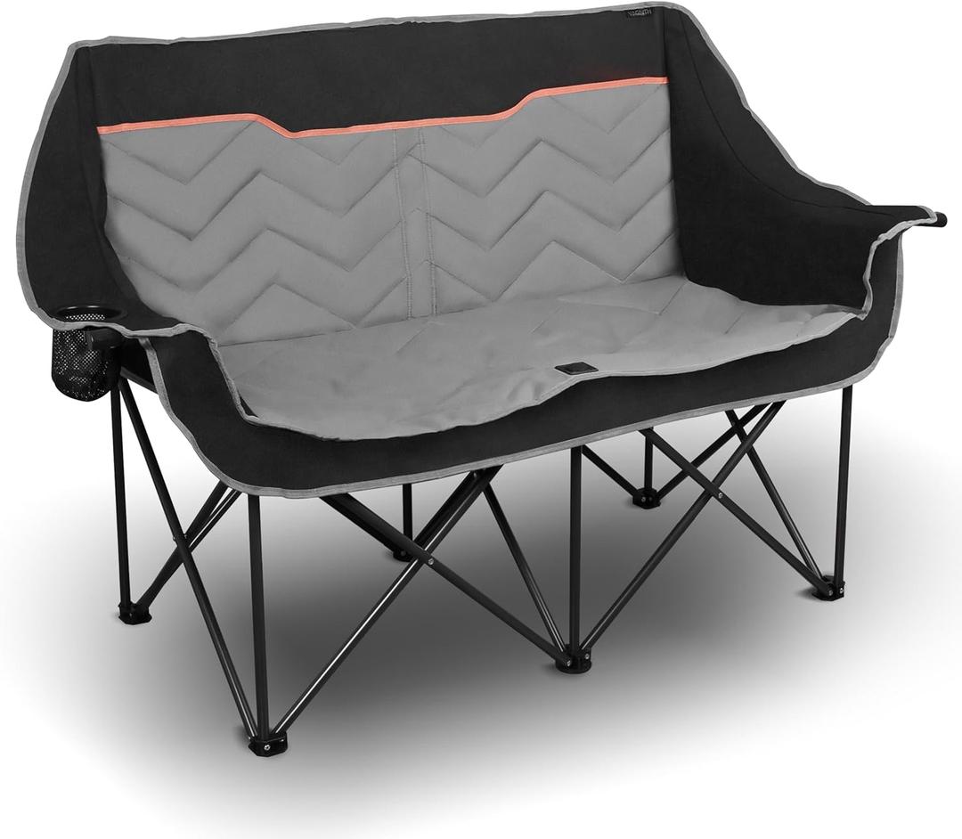 Double Camping Chair Oversized Padded Camping Sofa for 2 Person, Foldable Loveseat with Dual Cup Holders & Wine Glass Holders, Double Folding Chair Camping Couch for Beach, RV, Patio, Black