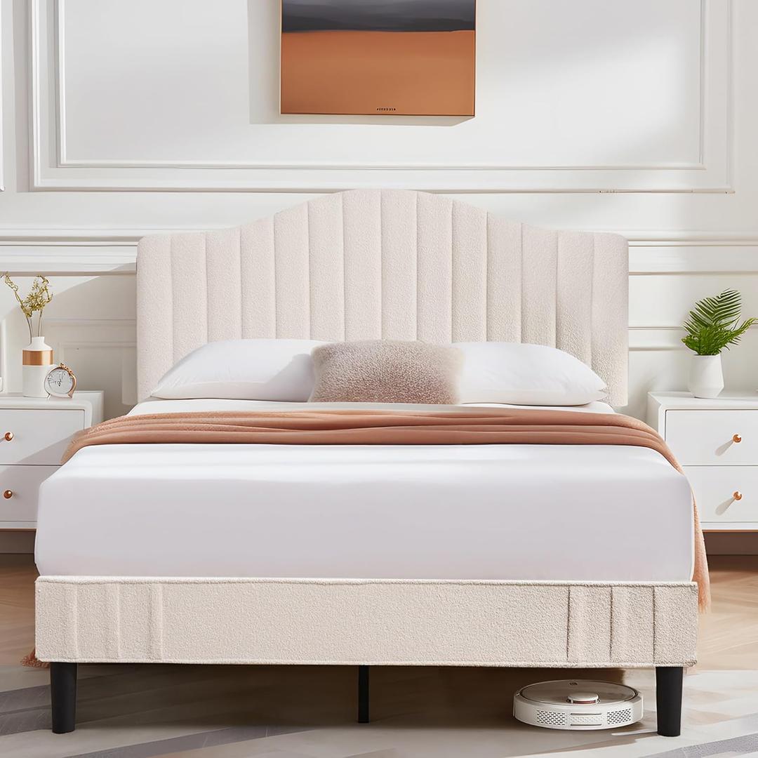 VECELO Full Size Beds Upholstered Platform Bed Frame with Height-Adjustable Teddy Fabric Headboard/Strong Wood Slats Supports / 7.9'' Under Bed Storage Space/Noise Free/No Box Spring Needed, Cream