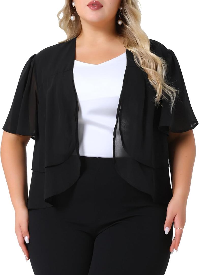 Agnes Orinda Plus Size Cropped Cardigan for Women Short Sleeve Open Front Lightweight Sheer Shrug, Black XL