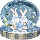 Tioncy 50 Count Bunny Rabbit Hydrangea Happy Easter Blue Floral Paper Plates Bulk Spring Farmhouse Bunny Hydrangea Oval Disposable Platter Religious Easter Flower Plates for Holiday Party Decor