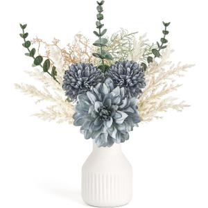 Mkono Small Artificial Flowers in Ceramic Vase 12.5" Centerpieces Coffee Table Decor, Silk Flower Arrangements for Home Decor Indoor Fake Flower Bouquet for Bathroom Dining Room Kitchen Wedding Blue