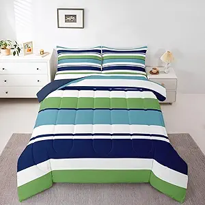 Green Blue Striped Boys Comforter Set Twin Size Navy Blue Turquoise Stripes Bedding Sets Patchwork Ombre Lightweight Soft All Season Down Alternative Comforter Home Decor (1 Comforter, 1 Pillowcase)