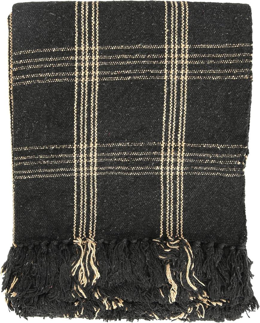 Plaid Black & Tan Fringed Woven Cotton Blend Throw (One Size)